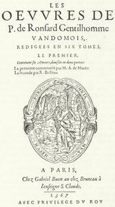 Tittelside til første bind av den sjeldne og veldig populære andre utgaven av verkene til Pierre de Ronsard, utgitt i seks bind av dikteren selv (gravering) av German School