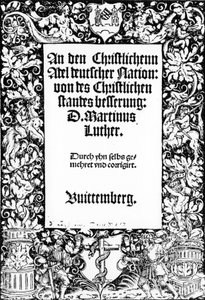 Tittelside til Martin Luthers tale til den tyske nasjonens kristne adel, utgitt i Wittenberg, 1520 av German School