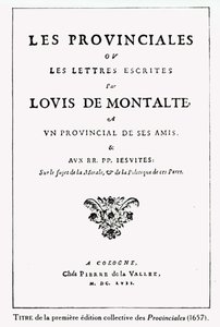 Tittelsiden til Les Provinciales av Blaise Pascal (1623-62), Amsterdam, 1657 (blekk på papir) av German School