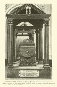 Graven til Frederick II, den hellige romerske keiseren, i Palermo katedral, Sicilia (gravering) av German School
