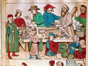 Handel: gåscene. Miniatyr fra "Chronicles of the Council of Constance" av Ulrich Richental (1360-1437) 1438 omtrent Praha, nasjonalbiblioteket av German School