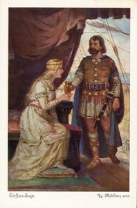 Tristan hender kjærlighetsdrikken Isolde (farge litho) av German School