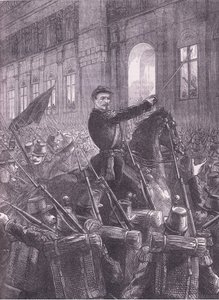 Trochu samler nasjonalgarden utenfor Hotel de Ville, Cassells historie om krigen mellom Frankrike og Tyskland utgitt av Cassell and Company Limited, ca. 1890 (litho) av German School
