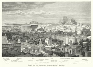 Utsikt over Athen fra øst under det romerske riket Hadrians regjeringstid, 2. århundre (gravering) av German School