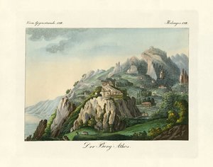 Utsikt over Athos-fjellet (farget gravering) av German School