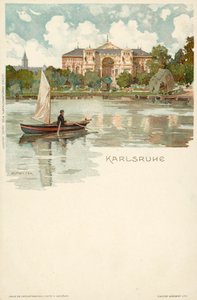 Utsikt over byen Karlsruhe i Tyskland (chromolitho) av German School