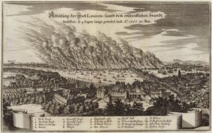 Utsikt over byen London og den grufulle brannen som brant i fire dager lang av German School