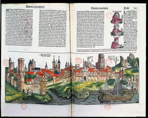 Utsikt over byen Köln, fra Chronicle of Nürnberg av Hartmann Schedel, 1493 (fargetregravering) av German School