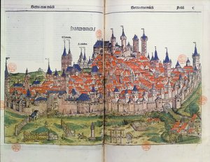Utsikt over byen Nürnberg, fra Nürnberg-krøniken av Hartmann Schedel (1440-1514) 1493 (fargetresnitt) av German School