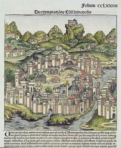 Utsikt over den befestede byen Konstantinopel, fra Nürnberg-krøniken av Hartmann Schedel (1440-1514) 1493 (treblokk) av German School