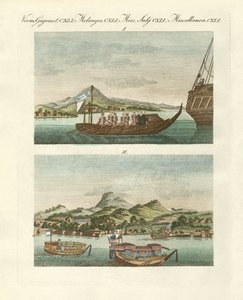 Utsikt over kysten av Japan ved siden av japanske kjøretøy (farget gravering) av German School