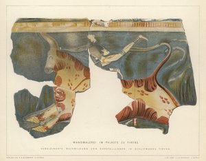 Veggmaleri fra det mykenske palasset i Tiryns, Hellas, gravd ut av den tyske arkeologen Heinrich Schliemann (farge litho) av German School