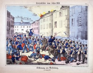 War of 1870: The Capture of Wissembourg (Battle of Weissenburg) between the soldiers of the Prussian army and the French on August 4 av German School