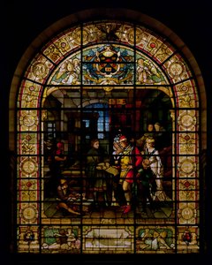 William Caxton viser sin første trykte bok til Edward IV og hans kone, Elizabeth Woodville i 1477, av Mayer og Co., München-basert firma aktiv i London, ca. 1880 (glassmaleri)