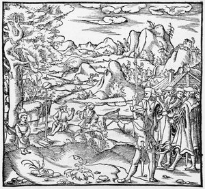William Tell, illustrasjon fra Cosmographie Universelle av Sebastien Munster (1488-1552) Basel, utgitt 1559 av German School