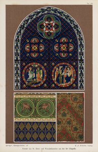 Vindu fra basilikaen St Denis og veggdekorasjon fra Sainte-Chapelle, Paris, Frankrike (farge litho) av German School