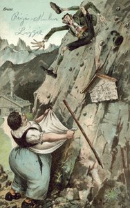 Kvinne som fanger mann som faller fra fjellet (farge litho) av German School