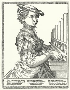 Kvinne spiller et orgel (gravering) av German School