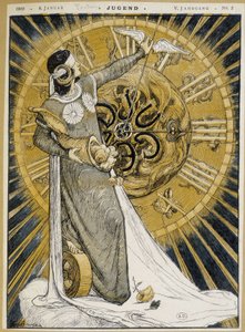 Kvinne med øyestrimler som holder et horn av overflod og fremfører viserne til en klokke (Allegory of Fortune) - i "" Jugend"" av 08.01.1900 av German School
