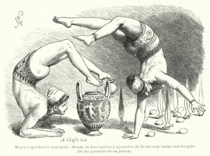 Kvinner som utfører gymnastikk i antikkens Hellas: sverddans og fylle et kar med føttene (litho) av German School