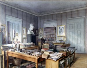 Arbeidsrom til Wilhelm Grimm (1786 -1859) i Berlin, Linkstrasse 7. Gravering av hr. Hoffmann. Nasjonalmuseet, Nürnberg. 1860. av German School