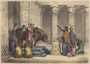 Tilbedelse av Apis-oksen i det gamle Egypt (farget gravering) av German School