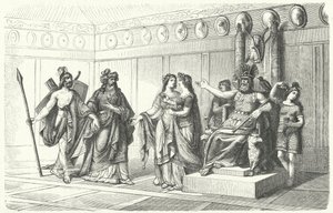 Wotan mottar musikerne introdusert av Bragi, guden for poesi og sang (gravering) av German School