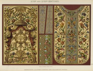 XVII. og XVIII. århundre, broderi, lærtapet og gullsmedarbeider (farge litho) av German School