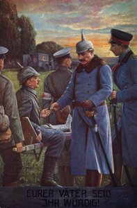 Dere er deres fedre verdige: Kaiser Wilhelm II tildeler en såret tysk soldat Jernkorset (fargelitografi) av German School