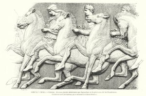 Unge athenske ryttere, kopi av en del av Parthenon-frisen fra Athen, antikkens Hellas (litho) av German School