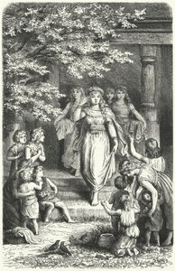 Unge tyske kvinner som har på seg kranser for å feire festivalen Eostre (Ostara) (gravering) av German School