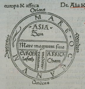 f.177v T-in-O kart, med boktrykk stedsnavn, fra Isidore of Sevilla, Liber Etimologiarvm