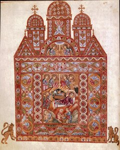 Nativite miniatyr av Codex of Egbert (Codex Egberti) av skolen i Reichenau. 980 ca. Cividale del Friuli, arkeologisk museum eller Cathedrale de Cividale av German School