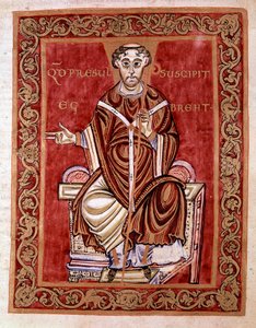 Eveque Egbert de Treves mottar psalteren fra hendene til munken Rudprecht (ikke representert her) - Miniatyr av Codex of Egbert (Codex Egberti) av skolen i Reichenau, 980 - Cividale del friuli, museo archeologico eller Cathedrale de Civid av German School