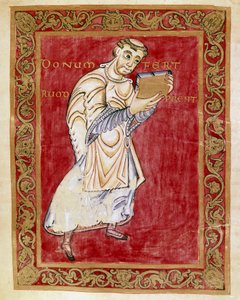 Munken Ruodprecht tar med manuskriptet til buen Egbert de Treves (977-993) Miniatyr av Codex of Egbert (Codex Egberti) av skolen i Reichenau. Cividale del Friuli, Museo Archeologico eller Cathedrale de Cividale av German School