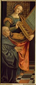 Den hellige Cecilia av Roma (3. århundre) (Saint Cecilia). Bærer et orgel, med en munk som kneler i bønn ved føttene hans. Maleri av Gerolamo Giovenone (1490-1555), tempera på tre, etter 1530. Italiensk kunst (Milano)