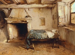 Rustikk interiør, av Gerolamo Induno (1825-1890), olje på tre, 27,5 x 37,7 cm. av Gerolamo Induno
