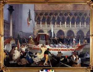 Hovedretten til Vittorio Emanuele II (Victor Emmanuel) (1820-1878) i Venezia. Maleri av Gerolamo (Girolamo) Induno (1827-1890). Museum for Risorgimento Milano