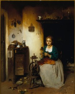 Ung kvinne som spinner ull, uttrykket er trist og interiøret elendig. Maleri av Gerolamo (Girolamo) Induno (1825-1890) Dim. 65x52 cm Genes Nervi, Galleria d