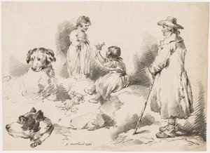 Studier av barn, to små jenter, to hunder, en mann, 1793. av Gerrard Street J. Harris Soho