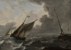 Seilskuter i et røft hav av Gerrit (attr. to) Pompe