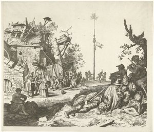 Hvilende Roma-familie foran et nedslitt vertshus av Gerrit Adriaensz. de Heer