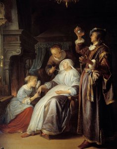 Den hydropiske kvinnen. En lege undersøker urinen til en kvinne med vatter. Detalj. Maleri av Gerard Dou (1613-1675)