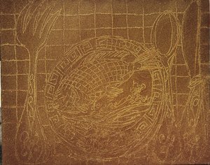 Visdiner (Stilleben med fisketallerken). 2010 (sand og akryl på lerret) av Gerrit Greve