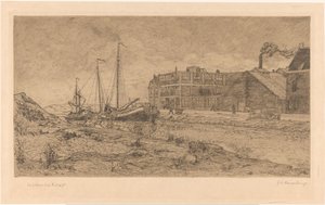Fortøyde lektere på en fabrikk av Gerrit Haverkamp (signed by artist)
