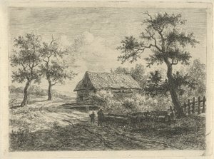 Landskap med to figurer på veien