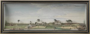 Diorama fra Zeezigt kaffe- og bomullsplantasjen i Surinam, ca. 1815-21 tre og malt papir av Gerrit Schouten