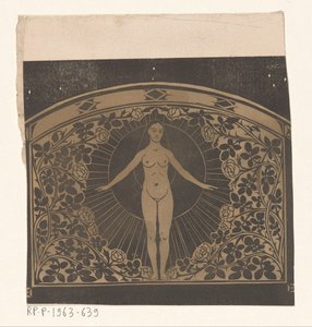 Design for rammen til en kalender fra 1901 med en kvinne og blomster av Gerrit Willem Dijsselhof