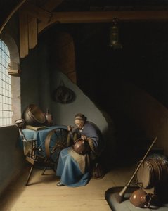 En eldre kvinne ved spinnehjulet hennes og spiser grøt par Dou, Gerard av Gerrit Dou