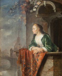 Ung kvinne på en balkong - Ung kvinne på en balkong - Gerard (Gerrit) Dou (1613-1675). Olje på lerret, ca 1665. Nasjonalgalleriet, Praha av Gerrit Dou